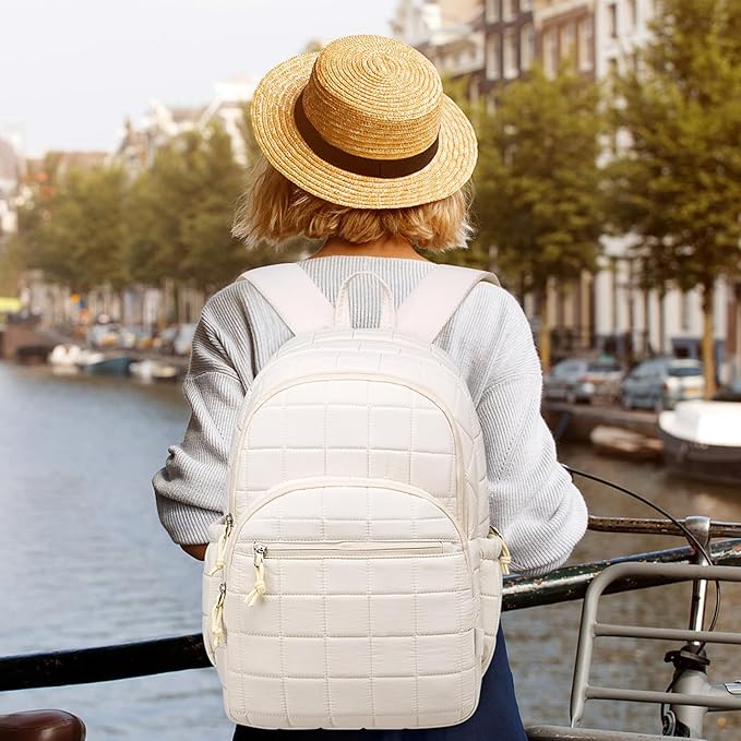 Laptop Backpack for Women College Travel,Quilted Daypack Bookbag for School Teen Girls Mochilas Mujer,Beige