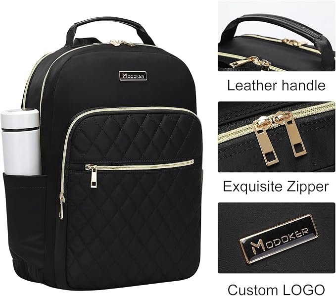 Modoker Eco-Friendly 15.6 Inch Laptop Backpack, Quilted Work Backpack for Women Bookbag Teacher Backpack with USB Charging Port, Travel Backpack Purse for Women Nurse, Black
