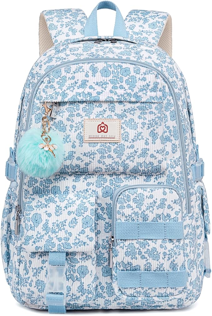 School Backpack for Teens Girls Women 15.6 Inch Laptop College Backpacks Corduroy Work Bag Kids Elementary Middle High School Bookbag Students Back Pack Anti Theft Travel Daypack Womens-Blue Floral