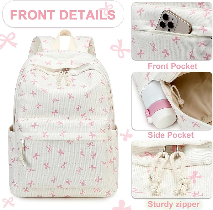 LEDAOU Backpack for Girls Kids Backpack with Lunch Box Preschool Kindergarten Elementary BookBag Primary School Bag Set (Pink bow)