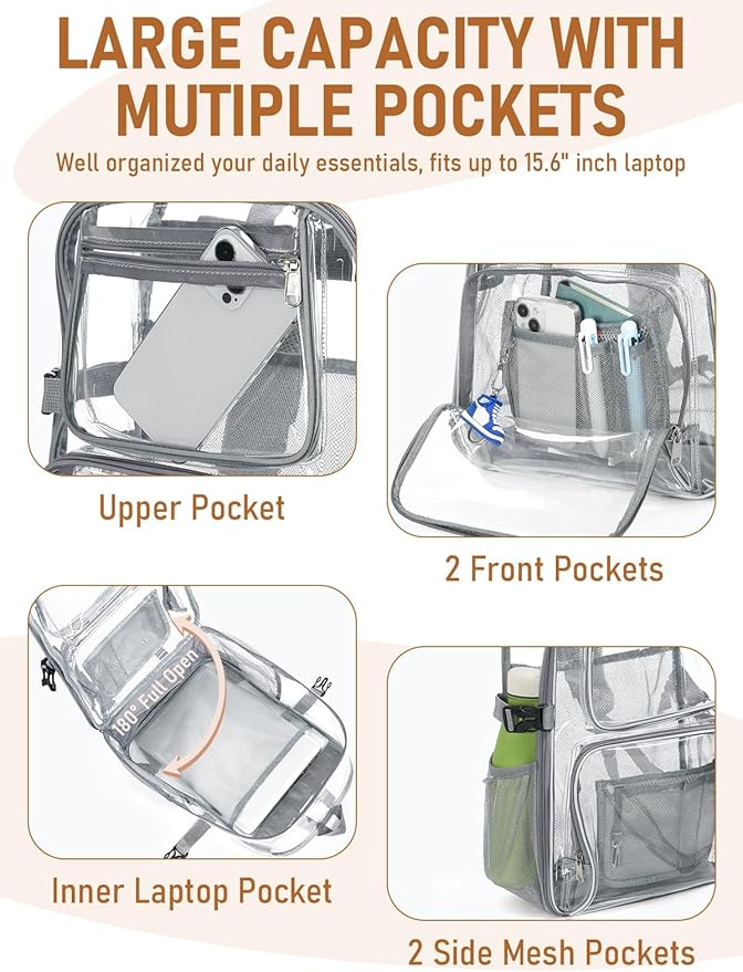 Clear Backpack Heavy Duty, Large TPU Clear Bookbag for Boys Girls Adult, See Through Transparent Back Pack with Multiple Pockets for College Work Casual Security,Grey