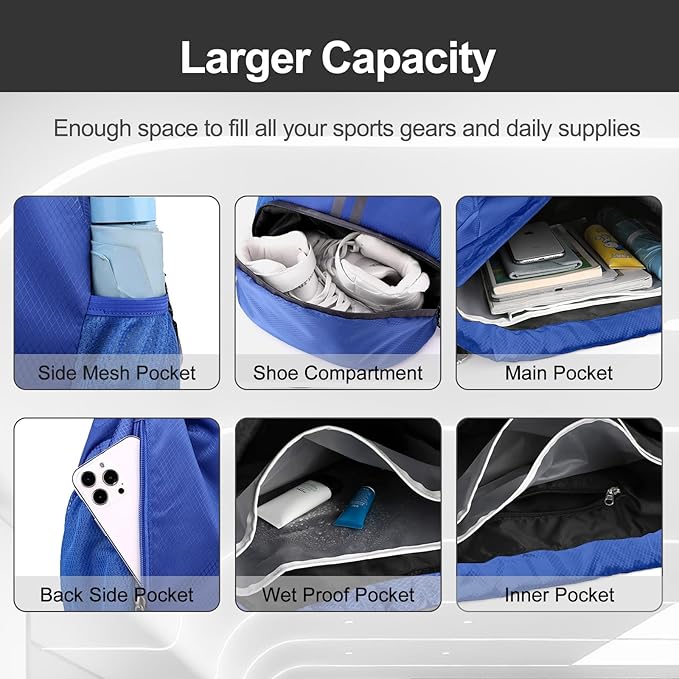 Hoedia Sports Drawstring Backpack - String Swim Gym Bag with Shoes Compartment and Wet Proof Pocket for Women&Men