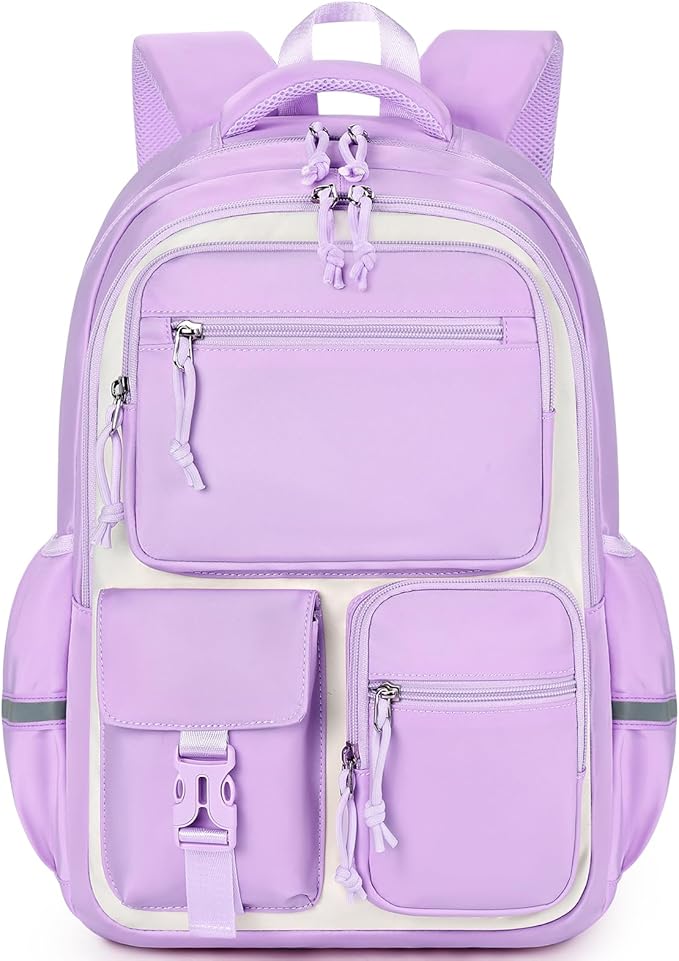 mibasies School Backpack for Teen Girls: 17.9 IN Backpack for Women with Laptop Compartment for Middle High Elementary School College Travel- Kids Bookbag Light Purple Beige