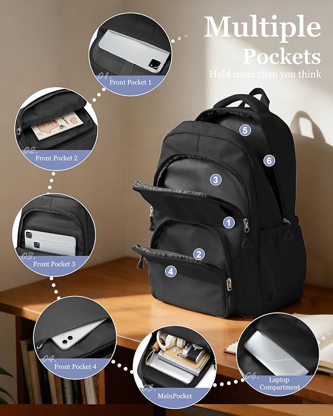Black School Backpack for Women Men Cute Backpack for College Students Lightweight High School bag for Teens Girls Boys Waterproof Casual Daypacks Bookbag
