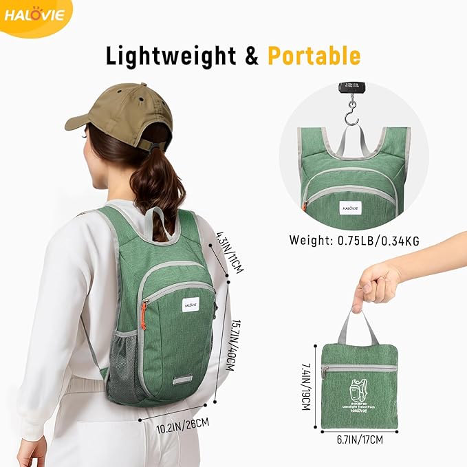 HALOVIE Small Hiking Backpack 10L Packable Lightweight Daypack Foldable Travel Back Pack for Women Men(Green)