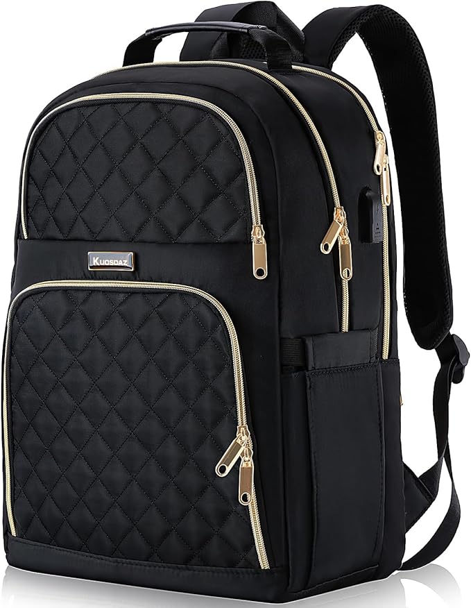 Backpacks for Women, School Backpack for Teen Girls, 15.6 Inch Cute Quilted Laptop Backpack with USB Charging, Large Bookbag for Middle School College Students, Black