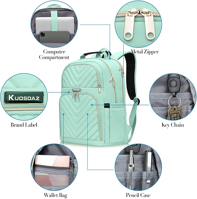 Backpack for Men Women, School Backpack for Boys Girls, 15.6 Inch Quilted Laptop Backpack, Large High School Bookbags for Teens, Teal