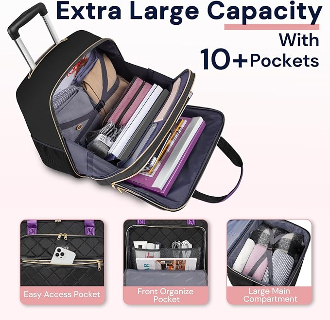 Ytonet Rolling Laptop Bag, 17.3 Inch Rolling Briefcase for Women, Water Resistant Computer Bag with Wheels for Work Travel College Business Overnight Wife Mom Teacher, Black Purple