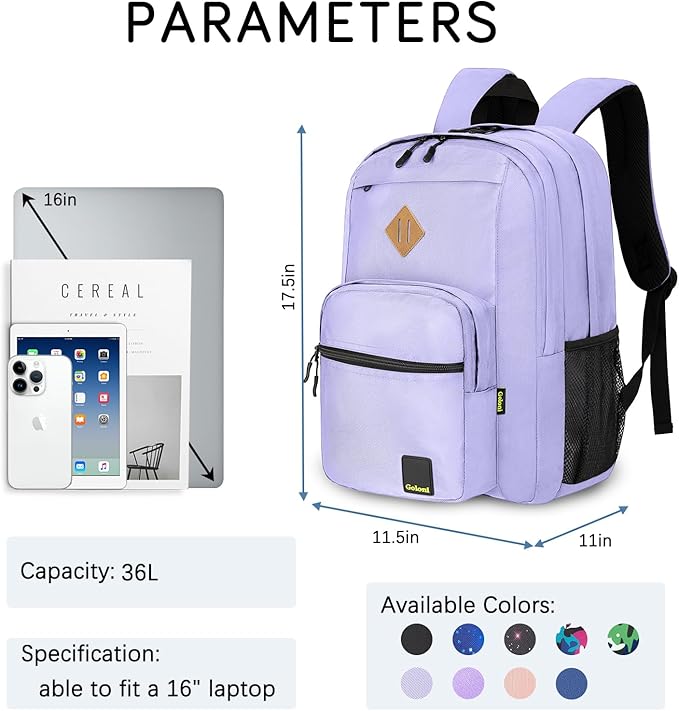 Goloni Lightweight Laptop Backpack 1.1Lbs, 36L Wear-Resistant Water Resistant Backpack with Laptop Compartment for Men Women, College Work Travel Bookbag,Light Purple