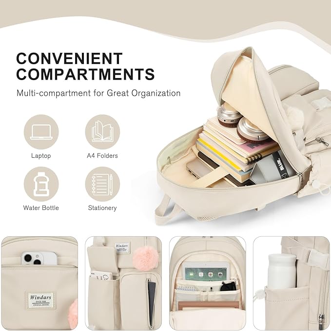 Backpack for Teen Girls, 15.6 Inch Laptop Backpack Cute Kids Bookbag for Middle School College Students, Large School Bag for Women (Beige)