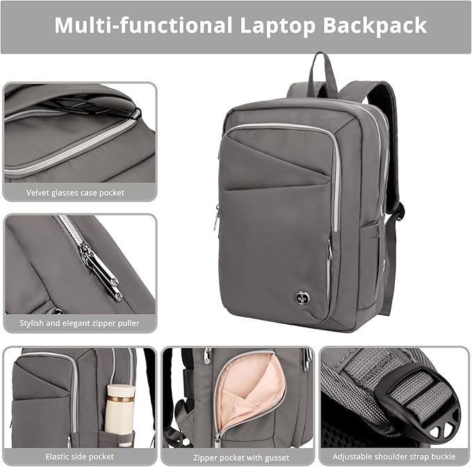 Swissdigital Design Laptop Backpack for Women，Travel Backpack with USB Charging Port，Fits 15.6 Inch School Computer Backpacks for Work Business,Grey | SD1006F-02