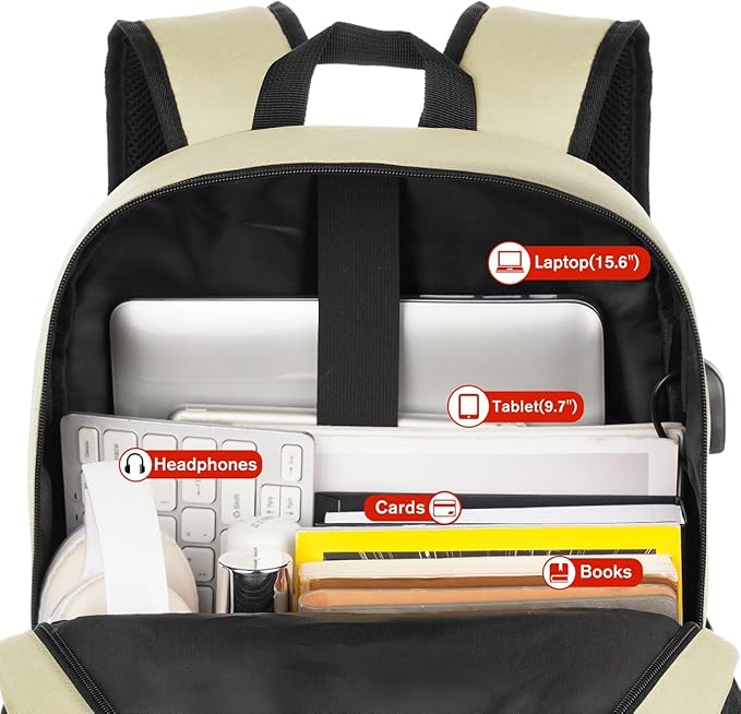 YAMTION School Backpack,Unisex Classic Bookbag Teens Schoolbag with USB Port for High School College Office Work Travel, 15.6 inch, Beige
