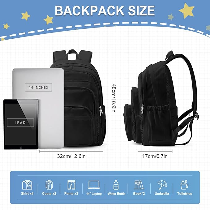 weradar Black School Backpack For Women Men, Lightweight Casual Daypack College Backpack, Aesthetic Students Bookbag, Backpack With Lots Of Pockets,Cute High School Bag For Boys Girls