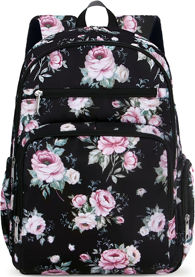 Large Backpack for Women Backpack with Lots of Pockets for Travel Work School Bookbag with Laptop Compartment for High School College Girls Mochilas Morrales para Mujer (Black/Pink, Floral)