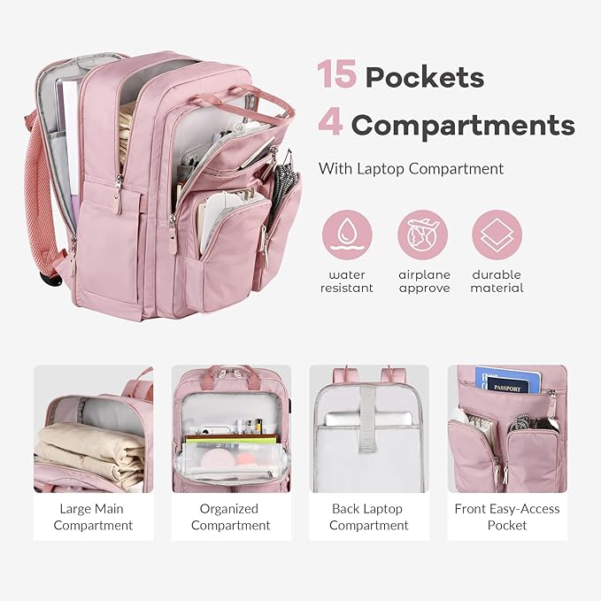 Mancro College Backpack for Women, 15.6 Inch TSA Laptop Bookbag with Mutiple Pockets, Large Capacity Book Bag for Teen Girl Students Casual Daypack Travel Backpacks, Pink