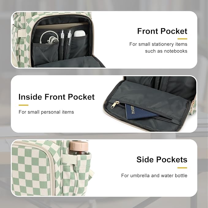 Laptop Backpack for Women, Corduroy College School Backpack Bookbag 15.6 inch Business Computer Travel Backpack (Checkered Green)