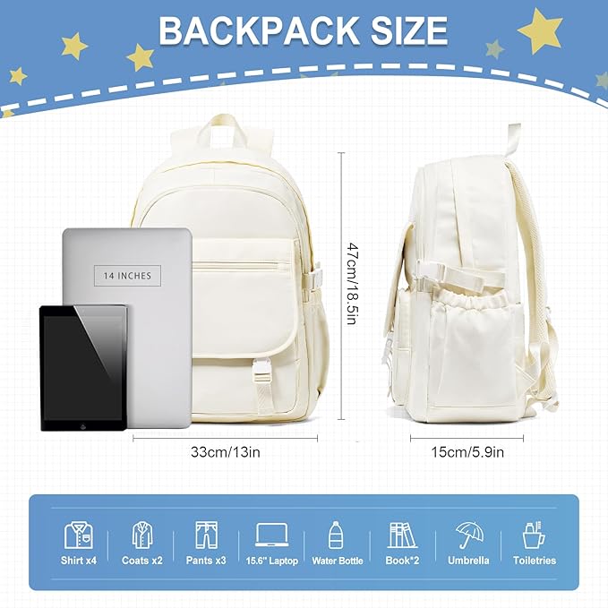 Lightweight Waterproof Backpack for Women Men Large Capacity College School Bag with Luggage Straps Multiple Pockets Durable High School Bookbag, Casual Daypacks for Students Girls Boys(Beige)