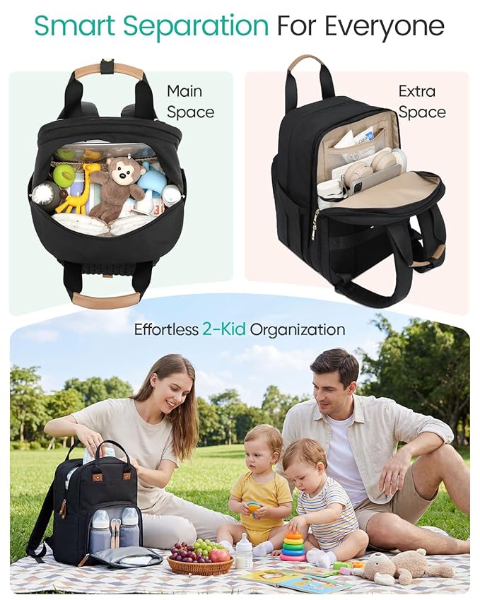 Extra Large Diaper Bag Backpack for Two Kids Twins - Expandable (26-36L) Baby Bag for Mom Girls Boys, Dual Big Compartments - Includes Changing Pad & Stroller Straps, Black, Quilted