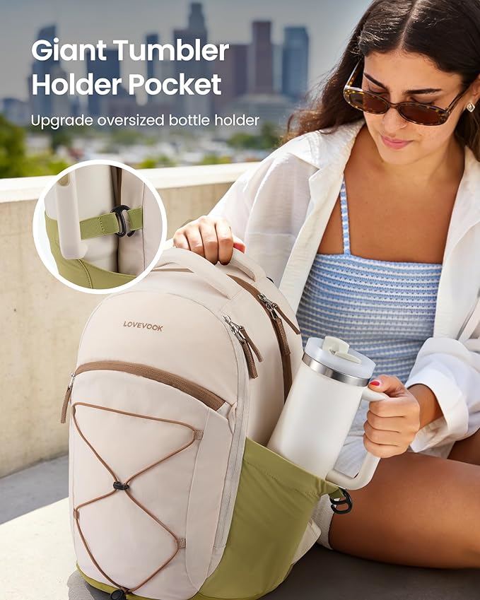 LOVEVOOK Travel Backpack for Women & Men With Giant Tumbler Holder,15.6 Inch Classic Laptop Work College Teacher Carry on Backpack Purse,Personal Item Backpack Hiking Computer Bag,Beige-Mustard Green