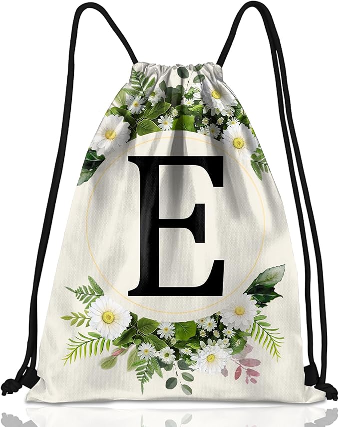 Initial Letter Drawstring Backpack String Sports Gym Bags Waterproof Sackpack Cute for Men Women Beach (13"×17") (Letter-E)