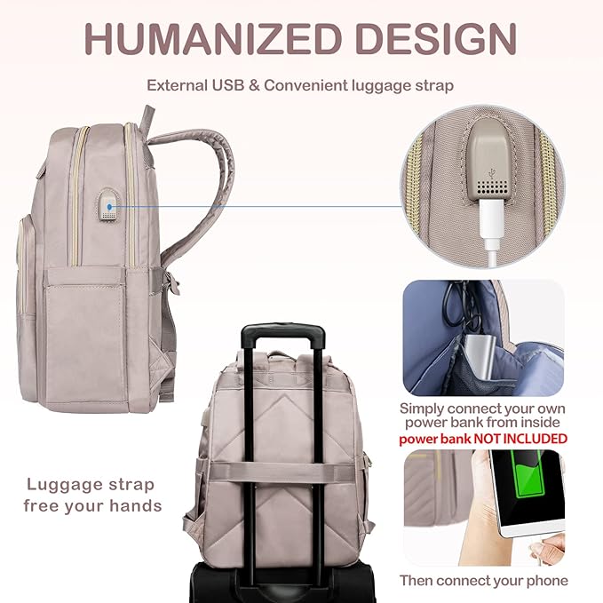 VANKEAN Laptop Backpack for Women with USB Port,15.6 Inch Laptop Computer Bag Travel Backpack Purse,Waterproof Work Business Backpack College Teacher Bags, Light Dusty Pink