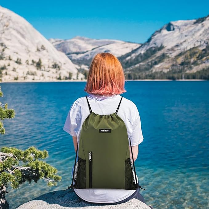 WANDF Drawstring Backpack Sports Gym Sackpack with Mesh Pockets Water Resistant String Bag for Women Men (Dark Green)