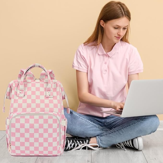 Laptop Backpack for Women, Corduroy College School Backpack Bookbag 15.6 inch Business Computer Travel Backpack (Checkered Pink)