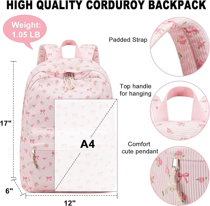 BTOOP School Backpack for Girls Teens Large Corduroy Bookbag Lightweight Casual High School College 17 inch Laptop Travel Bag (Pink Bow Floral-1)
