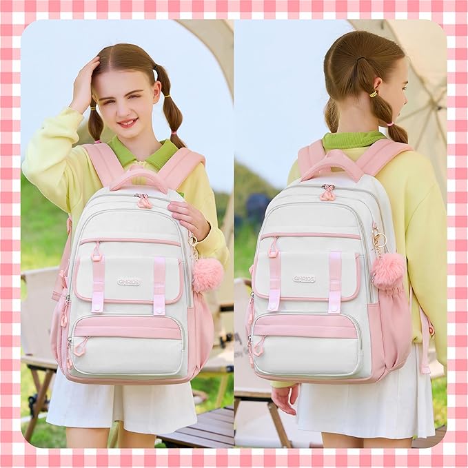 School Backpack for Girls, Laptop Backpack 15.6 Inch Kids Elementary Middle High School Bag Anti Theft Cute College Bookbags for Teens Girls Women Students Casual Travel Daypack,Pink Beige