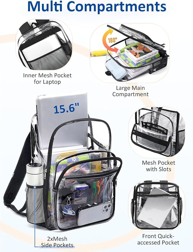 Extra Large Clear Backpack with TSA Lock, Heavy Duty Transparent See Through Clear Bookbag for College, Work, Travel, Casual Sport, Black