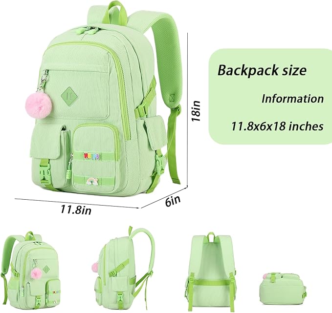 Girls Laptop Backpack Corduroy Bookbag For Teen Big Studen School Bag Durable Travel Daypack (5green)