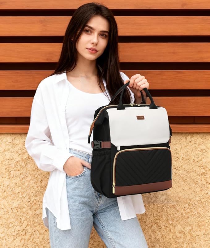 18in Computer Backpack for Women, Work Bag Laptop Bookbag with Cup Holder & USB Charger for Teacher Nurse College Travel Back Pack, Gifts, BlackWhiteBrown