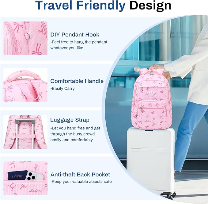 Girls Backpack, Corduroy School Backpack Multiple-pocket College Bookbag for Teen Girls Travel Backpack with Luggage Strap for Women, Pink Bow