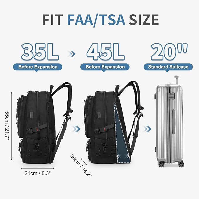 Travel Backpack for Men, 45L Expandable TSA Approved Laptop Backpack Fits 18.4 Inch, Water-Repellent W/Shoe Compartment & Wet Pocket Anti-theft Pocket, Black