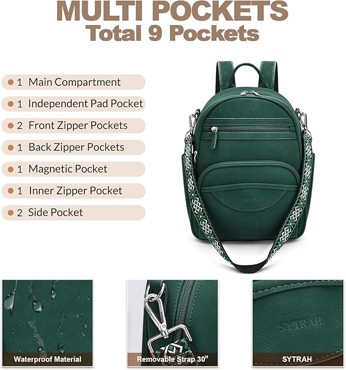 Small Backpack Purse for Women, Mini Backpack Vegan Leather with RFID Blocking & Tablet Pocket, Cute Shoulder Handbag for Travel, School & Work Green