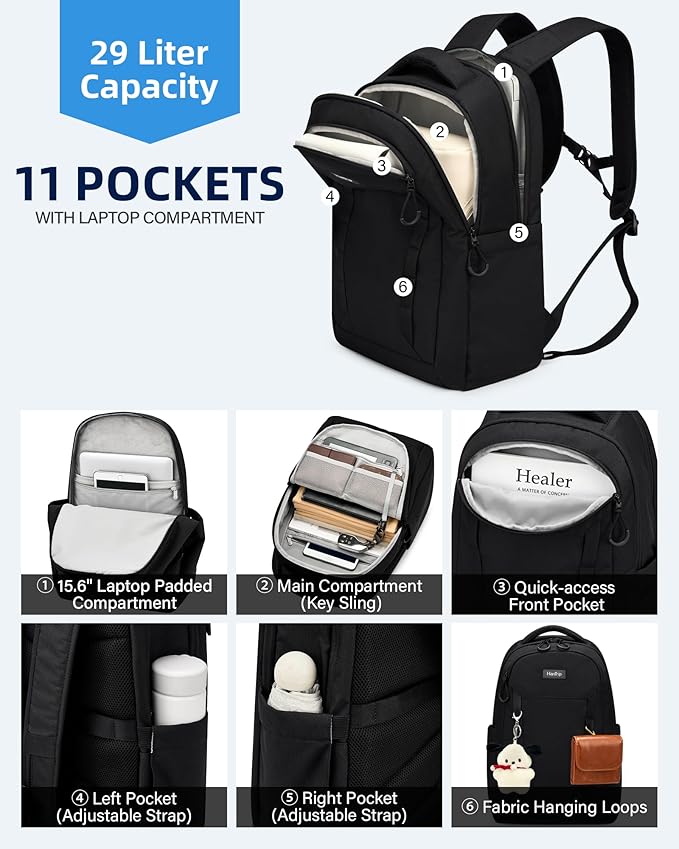 Travel Laptop Backpack Carry On, 18 Inch Large Work Backpack School Book Bags, Light Water Resistant Backpacks for Women Men with Luggage Strap Water Bottle Pocket Chest Strap, Black