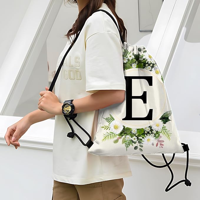 Initial Letter Drawstring Backpack String Sports Gym Bags Waterproof Sackpack Cute for Men Women Beach (13"×17") (Letter-E)
