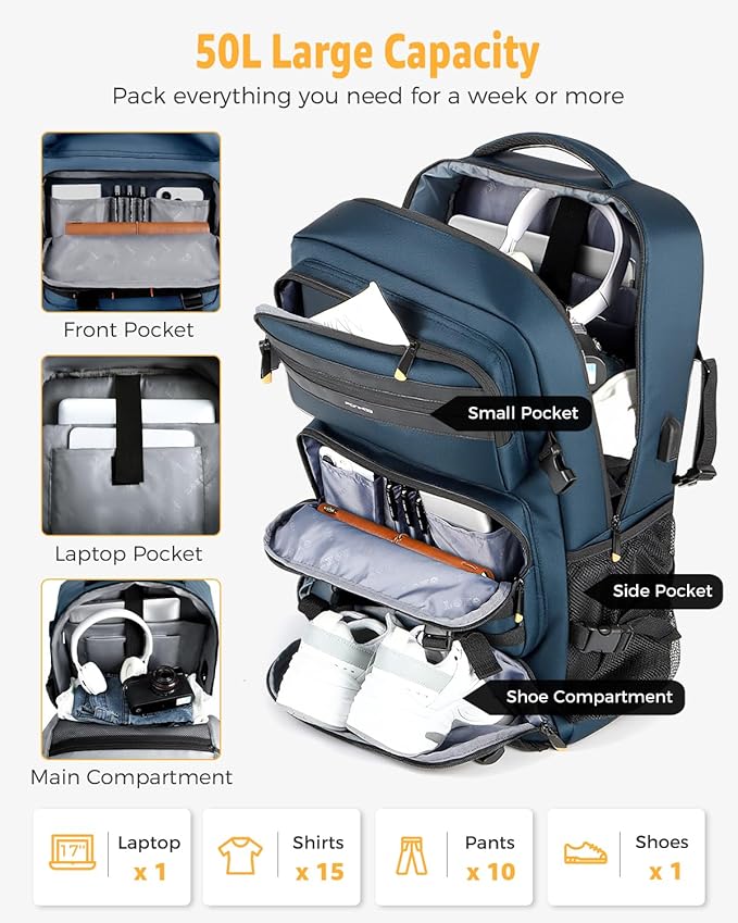 Travel Backpack for Men, 50L Carry On Flight Approved Convertible Duffle Bag with Shoe Compartment, 17 inch Laptop Luggage with USB Charging Port for Weekender Hiking, Blue