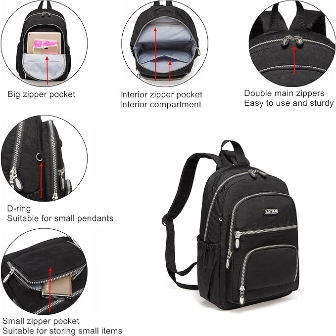 AOTIAN Small Size Backpack, Durable Lightweight Daypack for Women Girls & Boys Hiking Travel Sports, Black