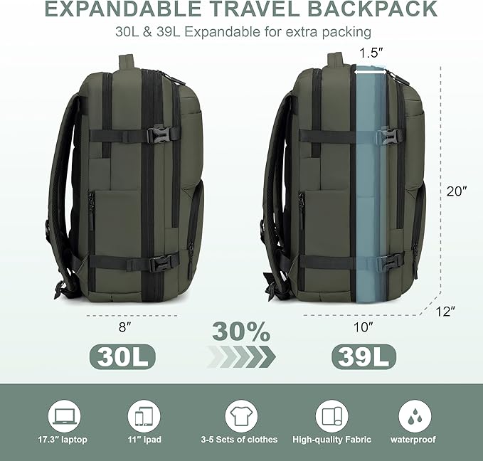 Carry On Travel Backpack, 35L-40L Expandable Extra Large Airline Approved,Lightweight Daypack for Men and Women（Green）