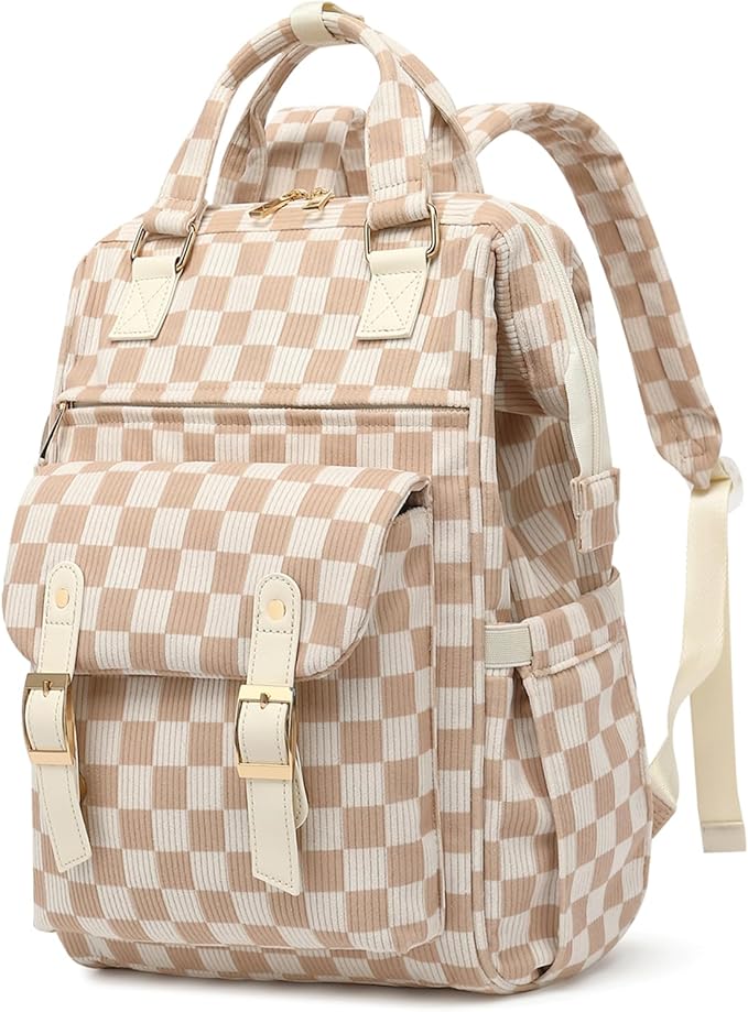 Laptop Backpacks for Women, Corduroy High School College Bookbag 15.6 Inch Laptop Bags for Girls Travel Daypack - Checkered Brown