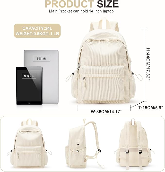 School Backpack for Teens Boys Girls Cute Corduroy Bookbag Classic Casual High School Bag Lightweight College Backpack For Women Men(Beige)