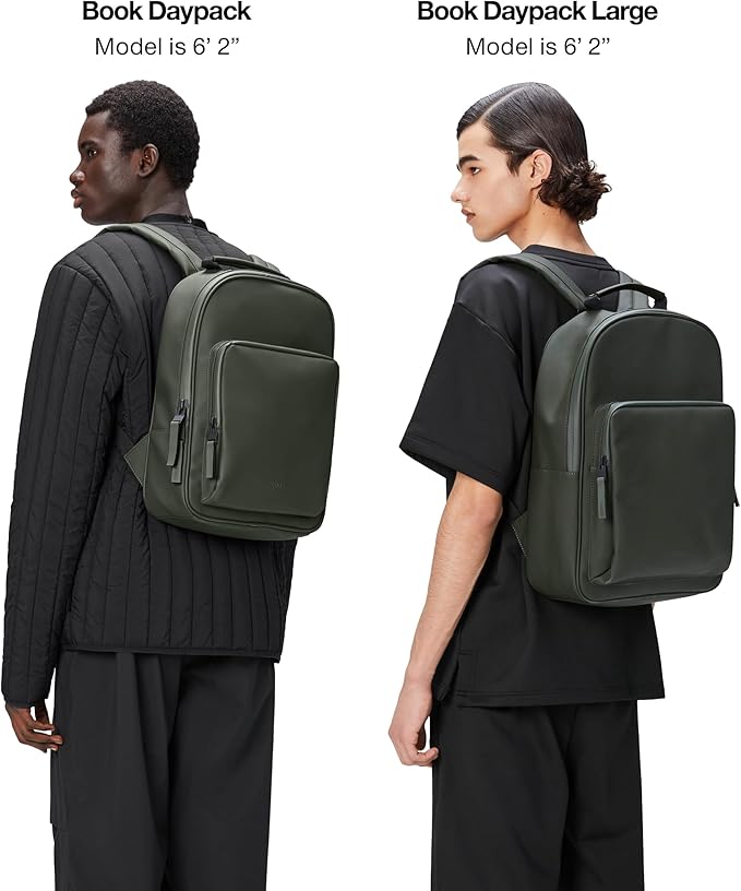 RAINS Book Daypack Large Green Laptop Backpack for Men and Women, Waterproof Black Minimalist Commuter Bag with 15”-16"