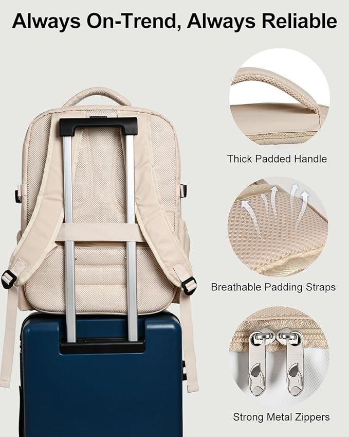 Travel Backpack for Women & Men, Large Carry On Personal Item Bag Airline Approved, Waterproof Traveling Overnight Bags, Gifts Laptop Backpack for Travelers College-Students Commuters (Beige/White)