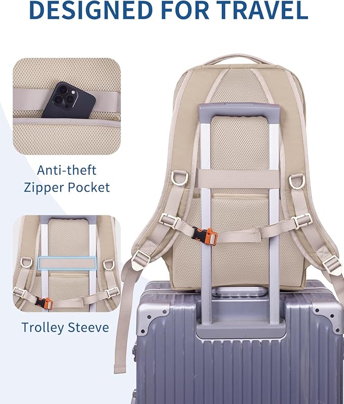 WANDF 15.6-Inch Laptop Backpack for Women, Travel Backpack Water-Resistant Lightweight College Backpack for Work Casual Business Weekender (Khaki)