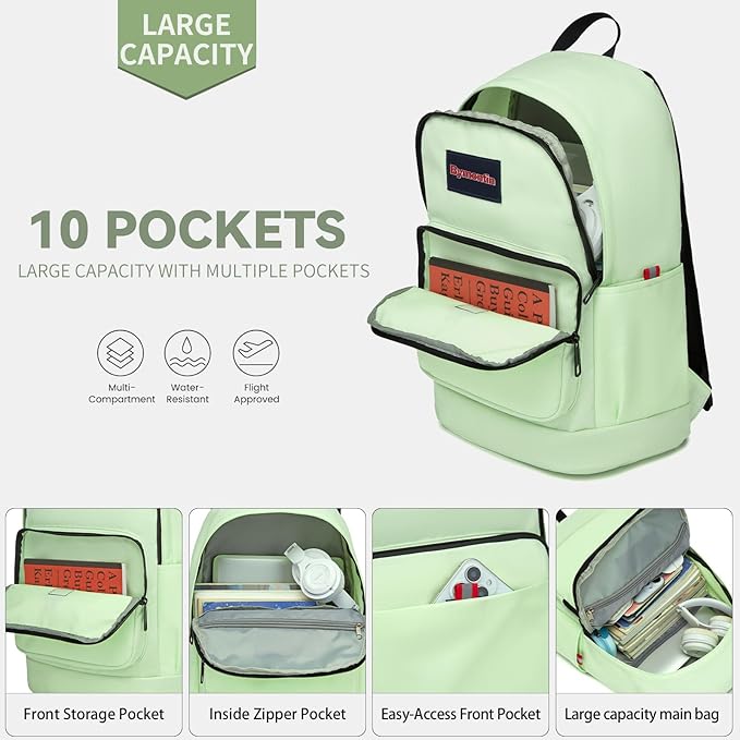 Classic Casual Backpack, Lightweight Daypack with 10 Pockets, Laptop Compartment, EVA Foam Pad (Yellowish green)
