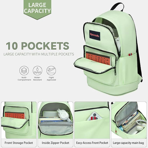 Classic Casual Backpack, Lightweight Daypack with 10 Pockets, Laptop Compartment, EVA Foam Pad (Yellowish green)