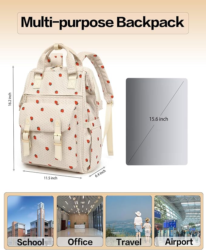 Laptop Backpacks for Women, Corduroy High School College Bookbag 15.6 Inch Laptop Bags for Girls Travel Daypack - Strawberry Beige