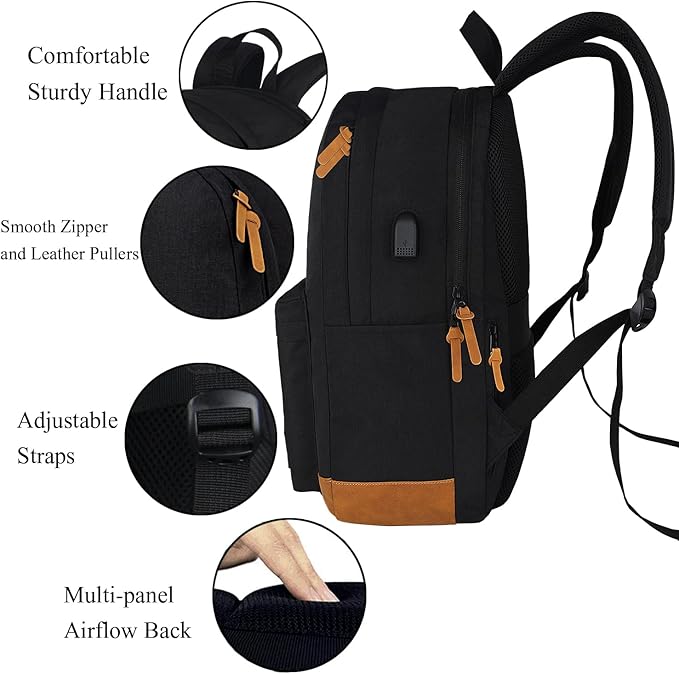 SUPACOOL Lightweight Laptop Backpack with USB Charging Port for Men and Women, Double Layers Backpack for College, Work, Travel, Casual(Black and brown)