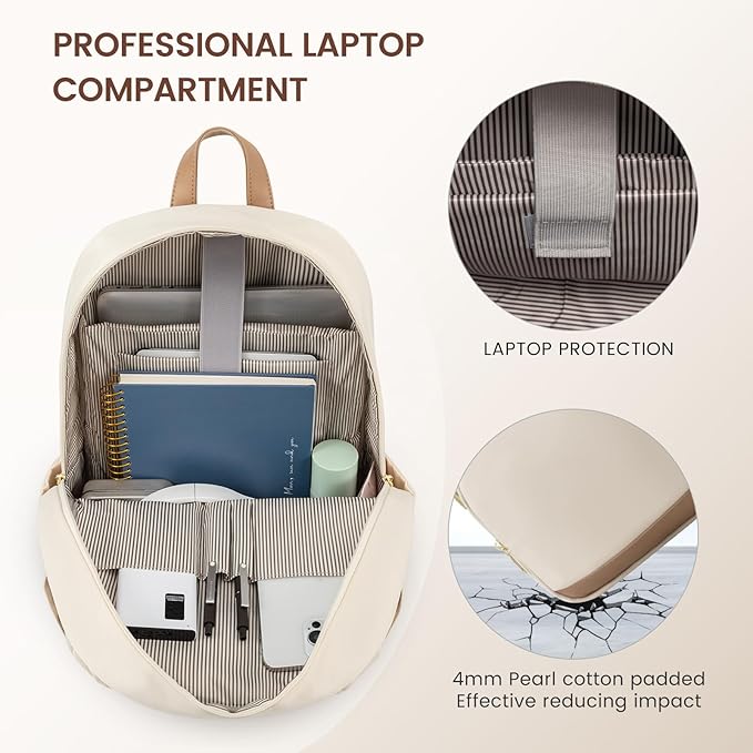 LOVEVOOK Travel Laptop Backpack for Women, Waterproof Work Backpack Fits 15.6 Inch Laptop, Large Computer Backpack for College, Beige
